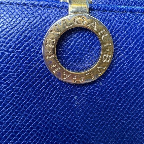 BVLGARI Long Wallet Logo Clip Bi-Fold Royal Blue Leather Light Pink Lining - Picture 3 of 16